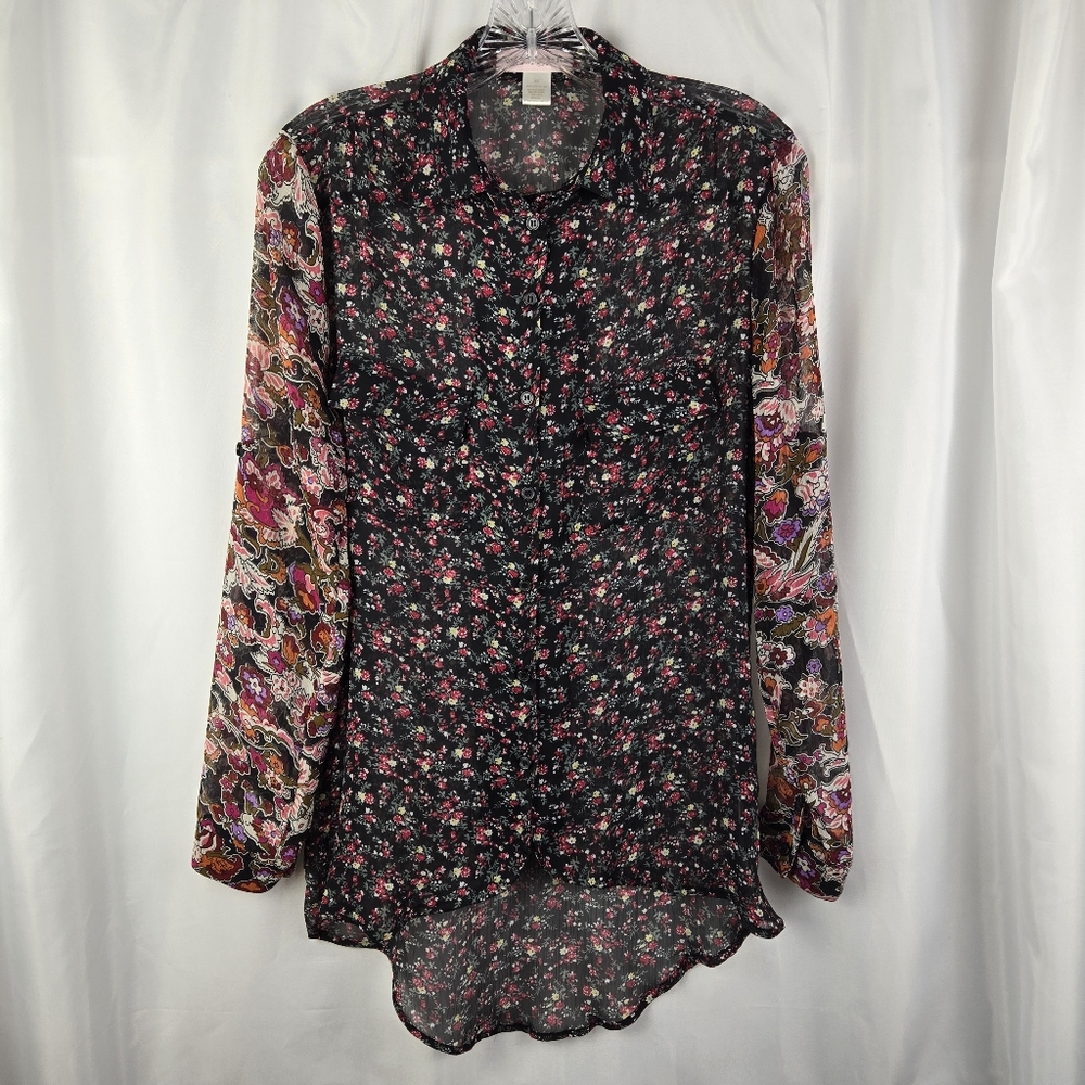 Band of Gypsies Ditsy Floral Sheer Long Roll Tab Sleeve Button Down Top Size XS
